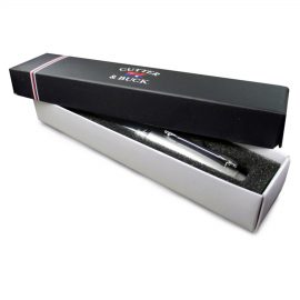 The Catalogue Cutter & Buck Roller Ball Pen is a smart, metal pen. Brass barrel with tungsten. Black ink. Removable cap.