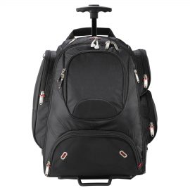 The Catalogue Elleven Wheeled Compu-Backpack is a dobby nylon backpack with multiple features. Perfect for work trips. Available in Black.