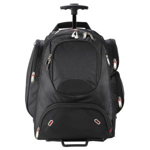 The Catalogue Elleven Wheeled Compu-Backpack is a dobby nylon backpack with multiple features. Perfect for work trips. Available in Black.