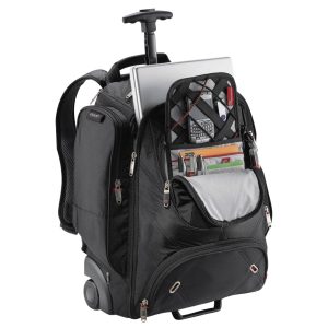 The Catalogue Elleven Wheeled Compu-Backpack is a dobby nylon backpack with multiple features. Perfect for work trips. Available in Black.