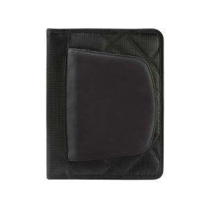 The Catalogue Elleven iPad Cover is a zippered folder with multiple holders and pockets. Perfect for holding tech and documents.