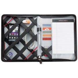The Catalogue Elleven iPad Cover is a zippered folder with multiple holders and pockets. Perfect for holding tech and documents.