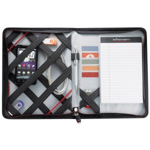The Catalogue Elleven iPad Cover is a zippered folder with multiple holders and pockets. Perfect for holding tech and documents.