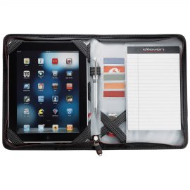 The Catalogue Elleven iPad Cover is a zippered folder with multiple holders and pockets. Perfect for holding tech and documents.