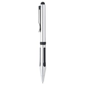 The Catalogue Elleven Triple Grip Ballpoint Stylus Pen is a striking, metal, twist action pen. Rubberised stylus end. Black ink.