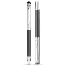 The Catalogue Luxe Vincenzo Pen Set is a metal, roller ball pen with removable cap. Rubberised stylus end. Black ink.