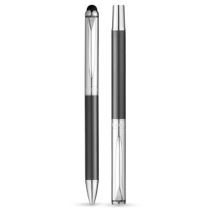The Catalogue Luxe Vincenzo Pen Set is a metal, roller ball pen with removable cap. Rubberised stylus end. Black ink.