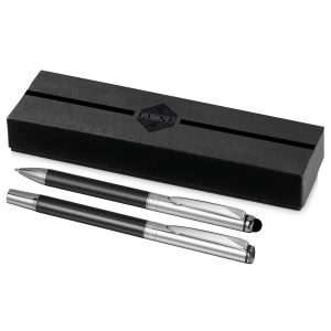 LUX1003-luxe-vincenzo-pen-set-&-gift-box The Catalogue Luxe Vincenzo Pen Set is a metal, roller ball pen with removable cap. Rubberised stylus end. Black ink.