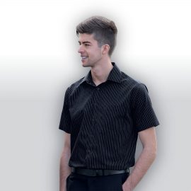 The Catalogue The Omega Stripe Short Sleeve Shirt – Mens is a 65% polyester/35% cotton shirt. Black/White/Charcoal. Sizes S - XXL.