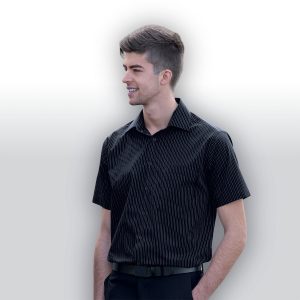 The Catalogue The Omega Stripe Short Sleeve Shirt – Mens is a 65% polyester/35% cotton shirt. Black/White/Charcoal. Sizes S - XXL.