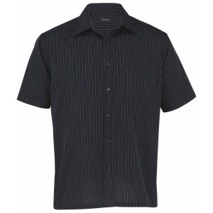 The Catalogue The Omega Stripe Short Sleeve Shirt – Mens is a 65% polyester/35% cotton shirt. Black/White/Charcoal. Sizes S - XXL.