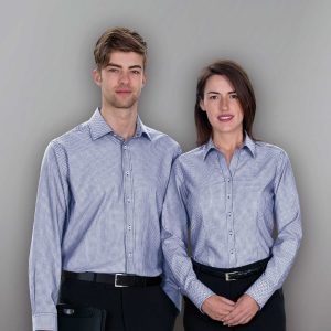 The Catalogue The Farrell Shirt – Mens is a 100% cotton shirt. Tapered fit. Available in Navy/White. Sizes S - 3XL, 5XL.