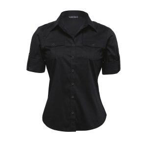 The Catalogue The Protocol Shirt – Womens is a 68% cotton blend shirt. Tapered fit. Available in Black. Sizes 8 - 22.
