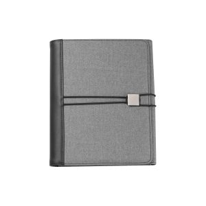 The Catalogue Trekk Tri-Fold Business Compendium is a grey melange polyester cover with pockets. Lined pad included. Elastic closure.