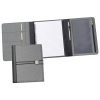 The Catalogue Trekk Tri-Fold Business Compendium is a grey melange polyester cover with pockets. Lined pad included. Elastic closure.