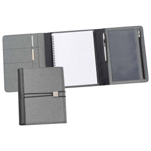 The Catalogue Trekk Tri-Fold Business Compendium is a grey melange polyester cover with pockets. Lined pad included. Elastic closure.