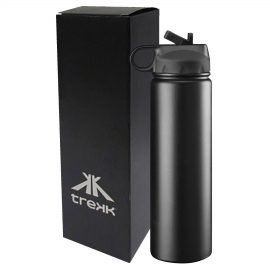 The Catalogue Trekk Double Walled Stainless Drink Bottle has a flip-up rubber sipper and straw. Carabiner handle.