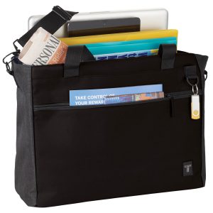 The Catalogue Tranzip Brief 15” Computer Tote has multiple compartments and pockets. Shoulder strap and carry handles.