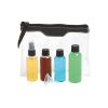 The Catalogue On Board Set is a clear PVC toiletry bag. 3 bottles and a spray bottle included with a funnel. Airline approved.