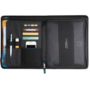 The Catalogue Zoom 2-in-1 Tech Sleeve JournalBook is a dot dobby nylon JournalBook with zippered closure. Multiple holders and pockets.