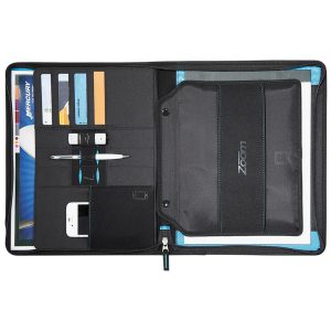 The Catalogue Zoom 2-in-1 Tech Sleeve Zip Padfolio is a dot dobby nylon padfolio with zippered closure. Multiple holders and pockets.