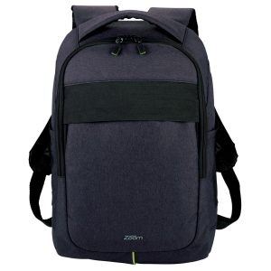 The Catalogue Zoom Stretch Compu-Backpack is a polyester backpack with multiple pockets. Padded straps. Holds 17" laptops.