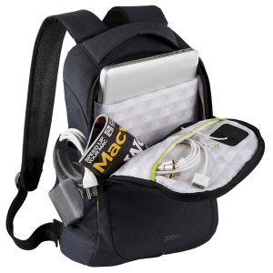 The Catalogue Zoom Stretch Compu-Backpack is a polyester backpack with multiple pockets. Padded straps. Holds 17" laptops.