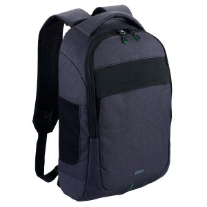 The Catalogue Zoom Stretch Compu-Backpack is a polyester backpack with multiple pockets. Padded straps. Holds 17" laptops.