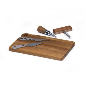 The Catalogue Apero Fromage Set is a 5 piece, acacia wood, cheese set. Includes a serving board, corkscrew, bottle stopper, a knife and fork.