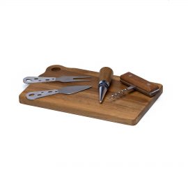 The Catalogue Apero Fromage Set is a 5 piece, acacia wood, cheese set. Includes a serving board, corkscrew, bottle stopper, a knife and fork.