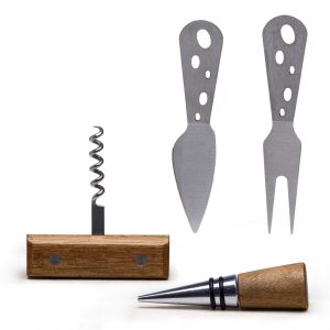 The Catalogue Apero Fromage Set is a 5 piece, acacia wood, cheese set. Includes a serving board, corkscrew, bottle stopper, a knife and fork.