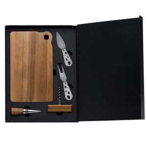 The Catalogue Apero Fromage Set is a 5 piece, acacia wood, cheese set. Includes a serving board, corkscrew, bottle stopper, a knife and fork.