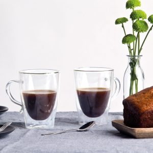 The Catalogue Aroma Glass Coffee Cup Set is a glass coffee cup set. 2 double walled cups. Each glass holds 310ml.