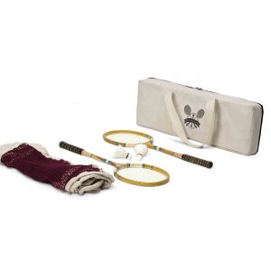The Catalogue Backyard Badminton Set is an antique natural wood, 5-piece, badminton set. Comes with a canvas bag.