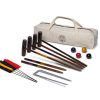 The Catalogue Backyard Croquet Set is an antique natural wood grain croquet set. Includes mallets, balls, stakes, hoops and flags.