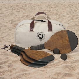 The Catalogue Backyard Paddle Tennis Set is an antique natural wood, 6-piece, paddle tennis set. Comes with a canvas bag.