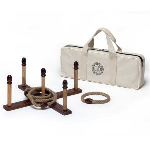 The Catalogue Backyard Quoits Set is an 11 piece, antique natural wood quoits set. Includes running boards, stakes and rope rings.