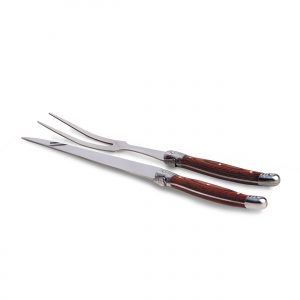 The Catalogue Bordeaux Carving Set is a stainless steel/wood set in a pine gift box. Includes carving knife and fork.