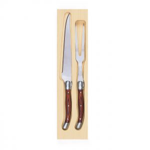The Catalogue Bordeaux Carving Set is a stainless steel/wood set in a pine gift box. Includes carving knife and fork.