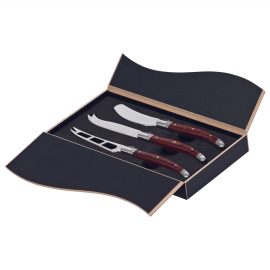 The Catalogue Bordeaux Cheese Knife 3 pcs Set stainless steel/wood set in a black gift box. Includes 3 knives.