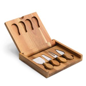 The Catalogue Clamshell Cheese Board is an Acacia hardwood board with 4 utensils. Includes 3 knives and 1 fork.