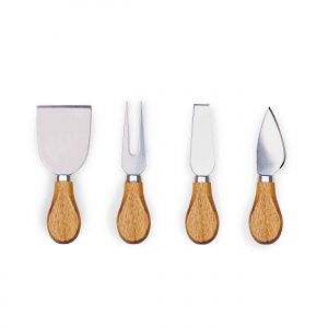 The Catalogue Clamshell Cheese Board is an Acacia hardwood board with 4 utensils. Includes 3 knives and 1 fork.