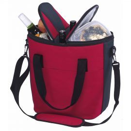 The Catalogue Duo Cooler is a polyester, insulated bag. Warm and cool compartments. Bottle compartment. Shoulder strap and handle.