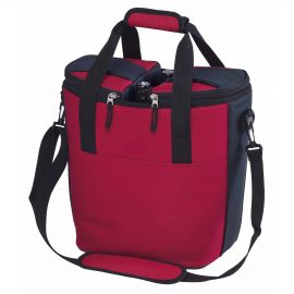 The Catalogue Duo Cooler is a polyester, insulated bag. Warm and cool compartments. Bottle compartment. Shoulder strap and handle.