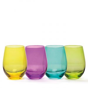 The Catalogue Festa Wine Glass Set is a 4 piece glass set of toned, stemless wine glasses. Comes in jade, gold, purple and emerald.