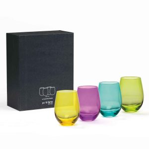 The Catalogue Festa Wine Glass Set is a 4 piece glass set of toned, stemless wine glasses. Comes in jade, gold, purple and emerald.