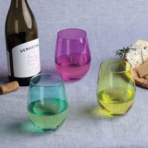 The Catalogue Festa Wine Glass Set is a 4 piece glass set of toned, stemless wine glasses. Comes in jade, gold, purple and emerald.
