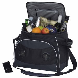 The Catalogue Festival Music Cooler is a ripstop polyester cooler bag. Built-in speakers. Rubber handles and padded shoulder strap.