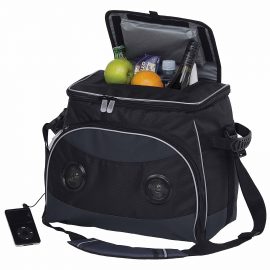 The Catalogue Festival Music Cooler is a ripstop polyester cooler bag. Built-in speakers. Rubber handles and padded shoulder strap.