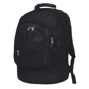 The Catalogue Fugitive Backpack is a polyester backpack. Multiple compartments. Rubber handle and padded shoulder straps. 3 colours.